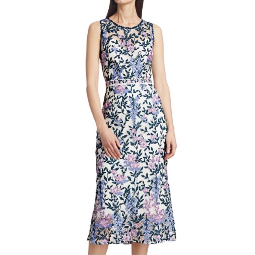 Marchesa White Floral Lace Embroidered Midi Cocktail Dress | Size 10